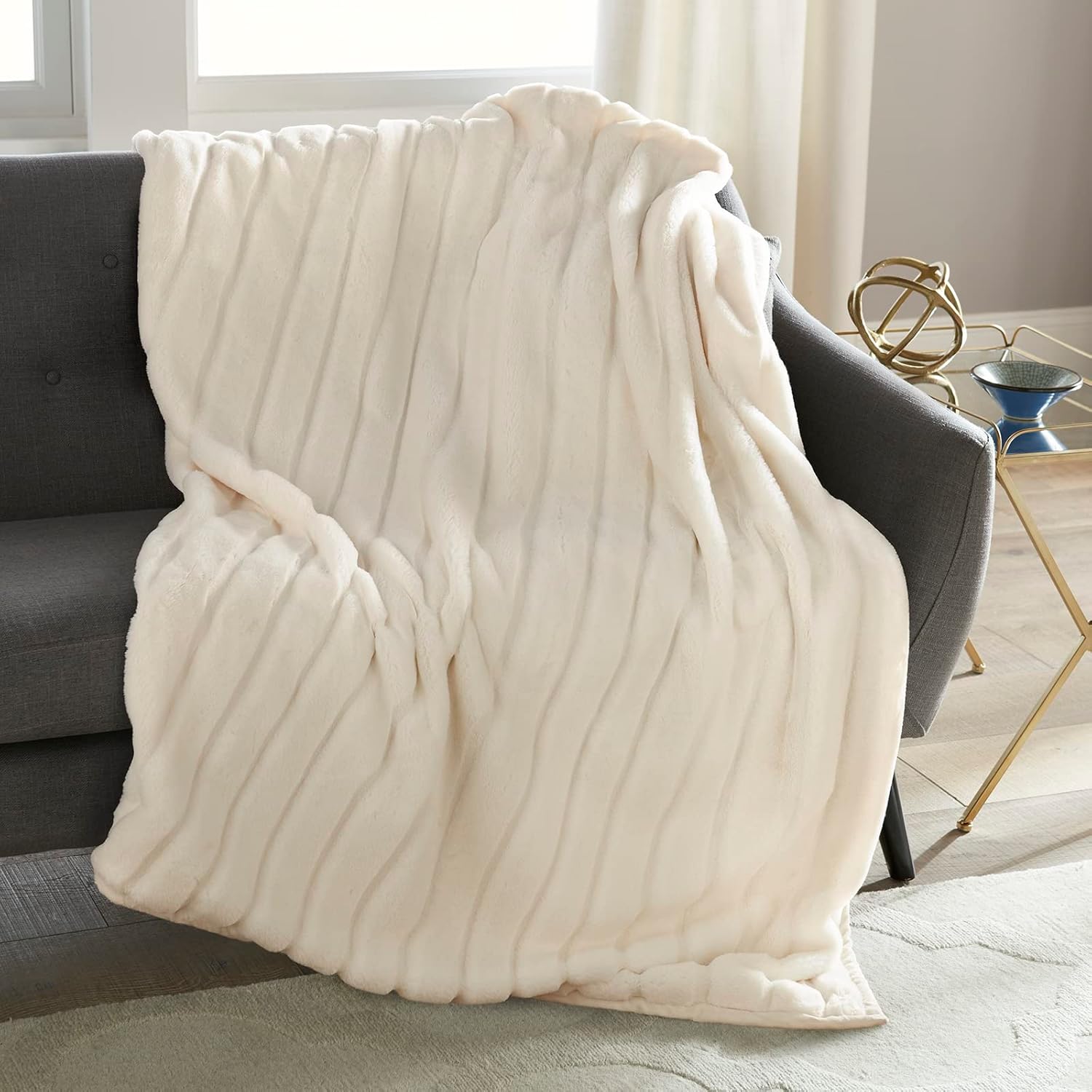 Channel Cut Faux Rabbit Fur Throw